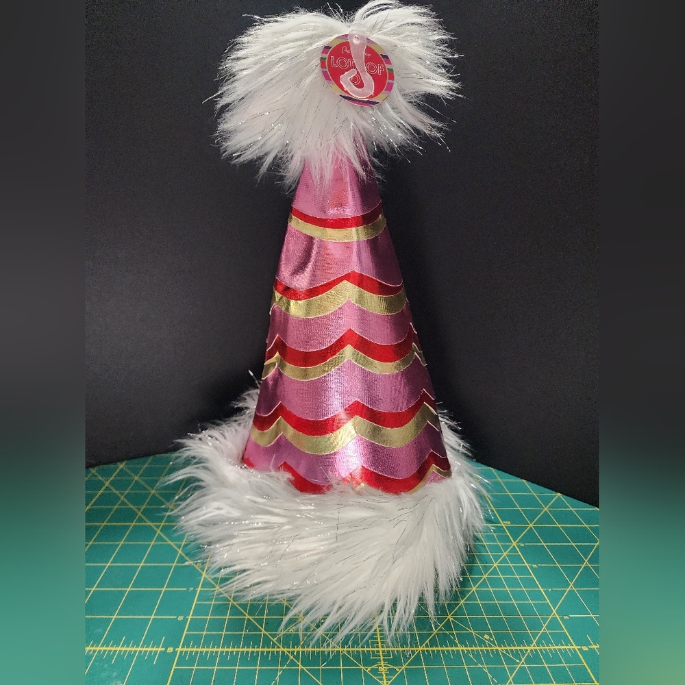 NWT - "Packed Party" Faux Leather Pink and Gold Striped Hat with White Fluff